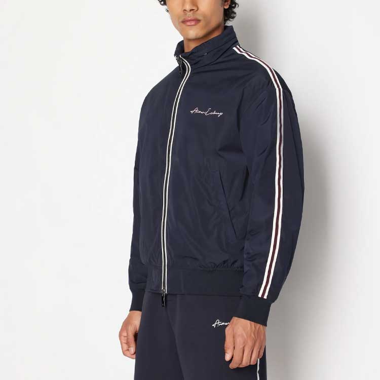 Shop ARMANI EXCHANGE FW23  Navy Blue Cotton Jacket with Double Line Logo Embroidery. 6RZBL6-ZN2UZ-1583