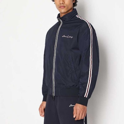 ARMANI EXCHANGE FW23 Navy Blue Cotton Jacket with Double Line Logo Embroidery. 6RZBL6-ZN2UZ-1583 Shop ARMANI EXCHANGE FW23 Navy Blue Cotton Jacket with Double Line Logo Embroidery. 6RZBL6-ZN2UZ-1583