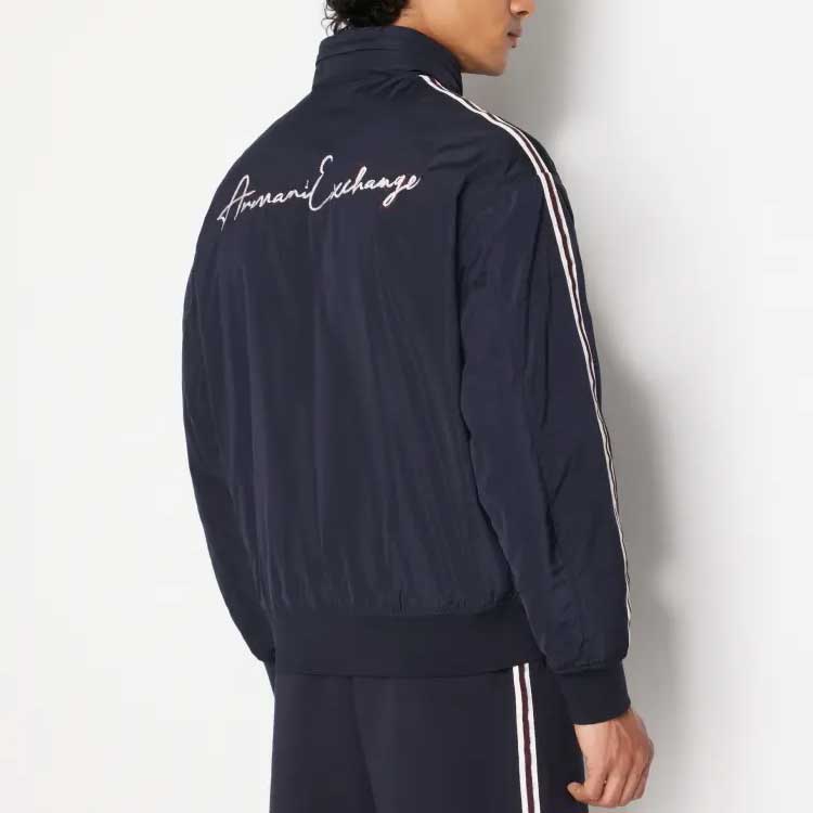 Purchase ARMANI EXCHANGE FW23  Navy Blue Cotton Jacket with Double Line Logo Embroidery. 6RZBL6-ZN2UZ-1583