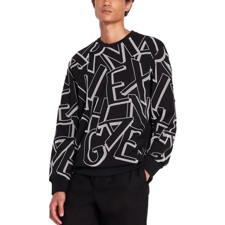 Shop Armani Exchange FW23 黑色圓領運動衫 與植絨字母印花 6RZMBA-ZJBWZ-1200