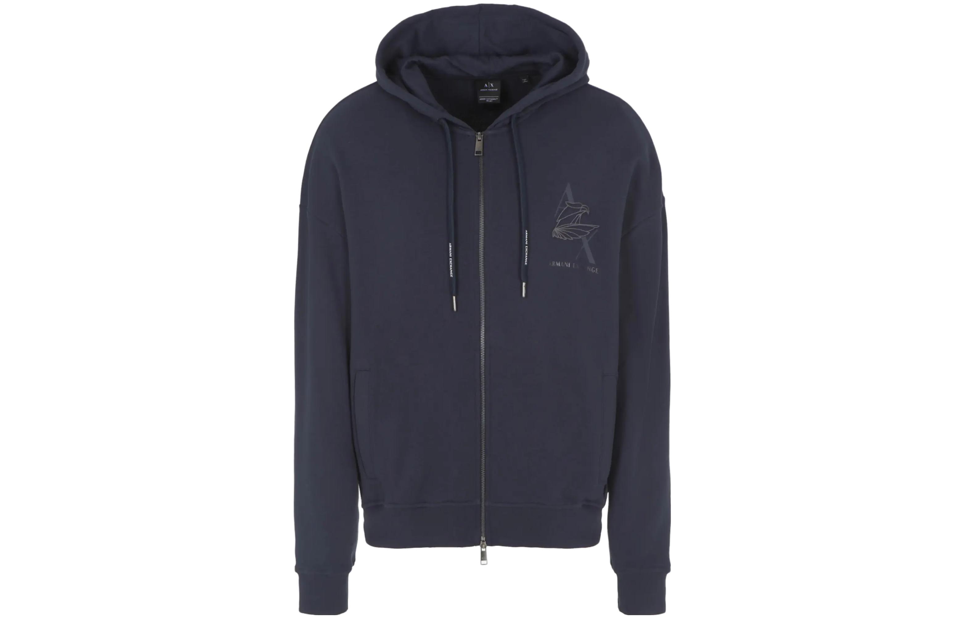 Armani Exchange FW23 Navy Blue Letter Print Zip-Up Drawstring Sweatshirt 6RZMAL-ZJ9KZ-1510