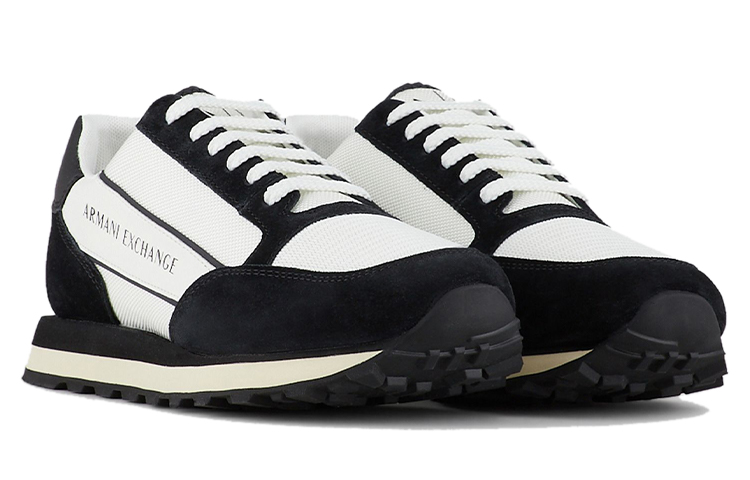 Lookbook Armani Exchange Leather and Fabric Print Low Top Sneakers 'Black and White' XUX083-XV263-1A001