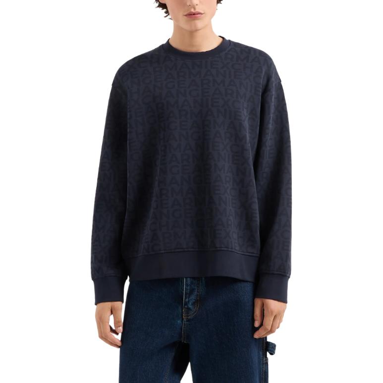 Lookbook Armani Exchange Navy Blue Logo Print Pullover Crewneck Sweatshirt FW24 6DZMJK-ZJZGZ-55JW