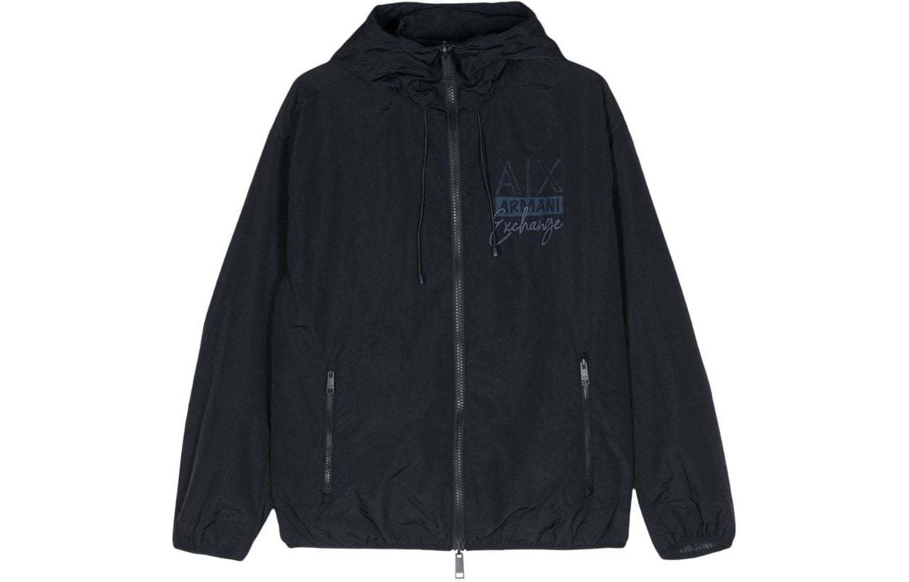 Armani Exchange Navy Jacket with Logo Print and Drawstring Zipper Pockets 3DZB12-ZN3OZ-SEAMILITARYBLUE