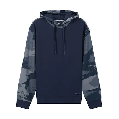 Armani Exchange SS22 Navy Blue Camouflage Colorblock Hoodie 3LZMHA-ZJEFZ-25BE