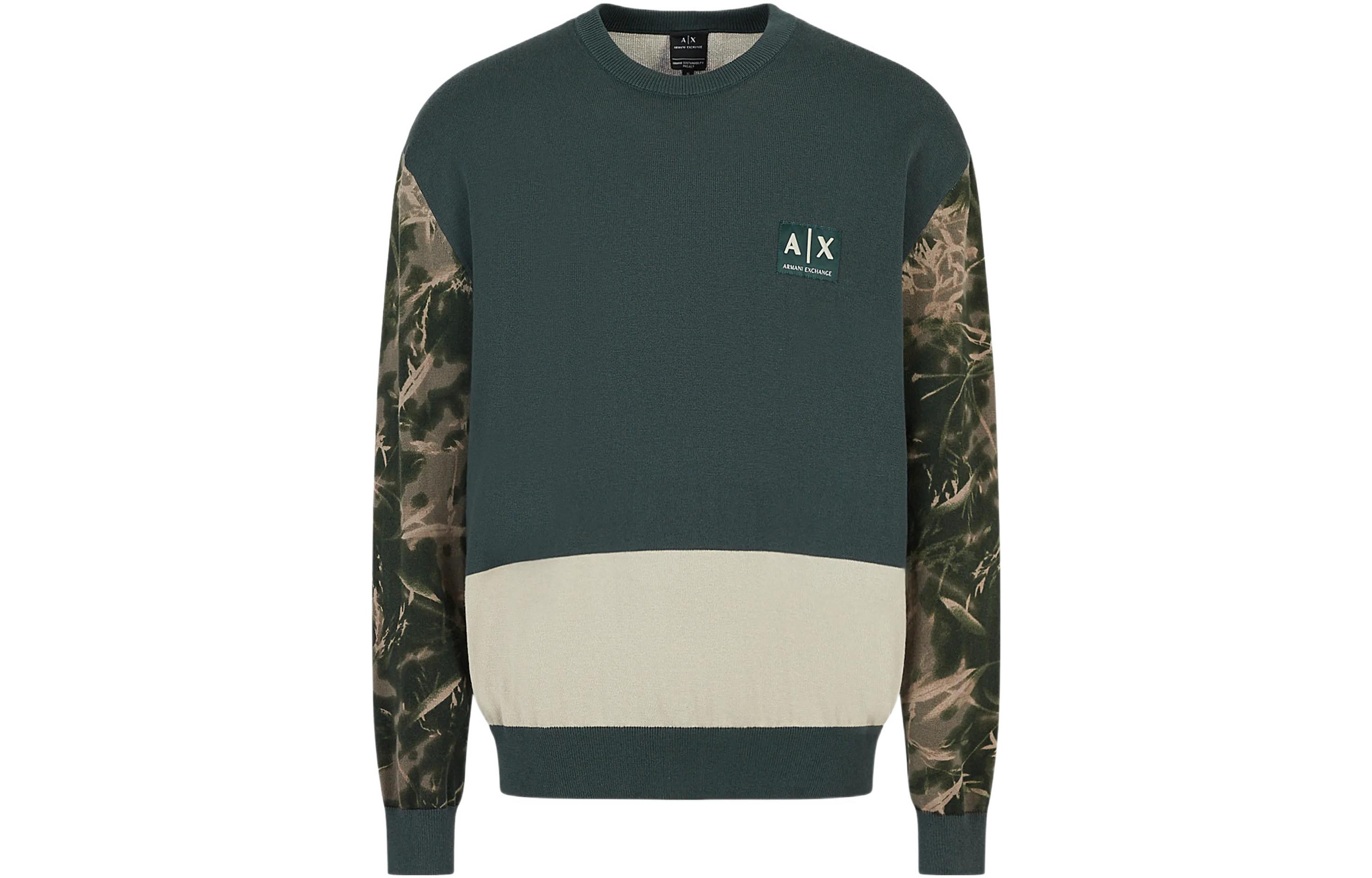 Order Armani Exchange SS23 綠色拼接徽章圓領長袖上衣（男款） 3RZM1F-ZMX8Z-4885