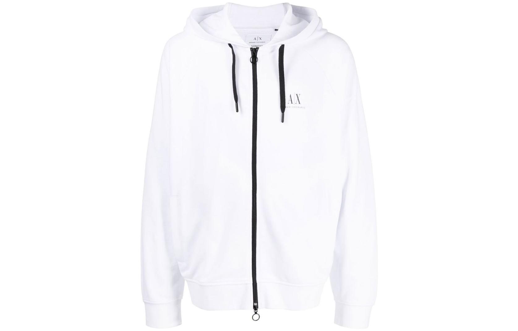 Armani Exchange SS23 White Letter Print Zip-Up Hoodie with Drawstring 8NZMSR-ZJKRZ-1100