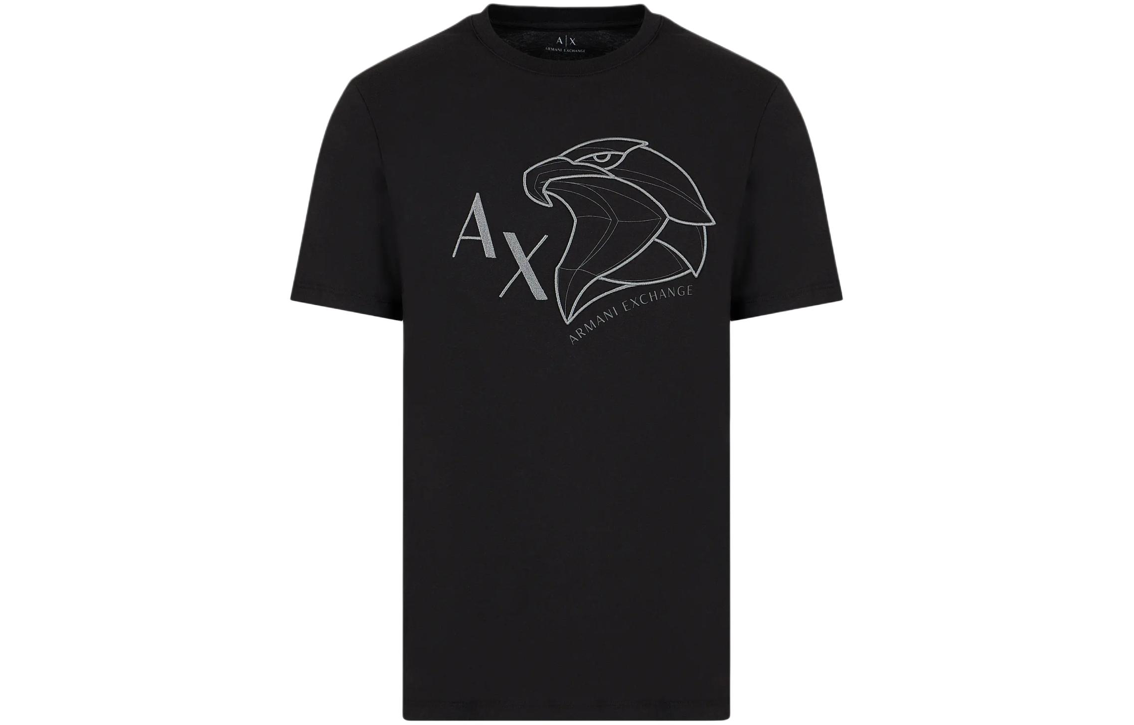 Armani Exchange SS24 Logo Embroidered Crewneck Black T-Shirt Mens 3DZTHH-ZJ9TZ-1200
