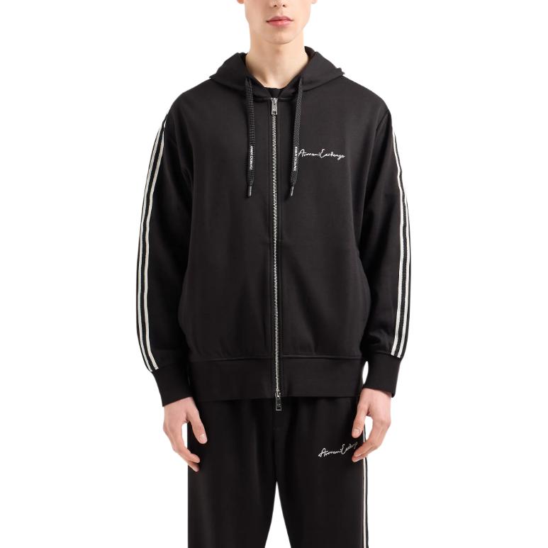 Lookbook ARMANI EXCHANGE Stripe Logo Hoodie Full-Zip Sweatshirt Black Men FW24. 8NZMSH-Z9N1Z-1200