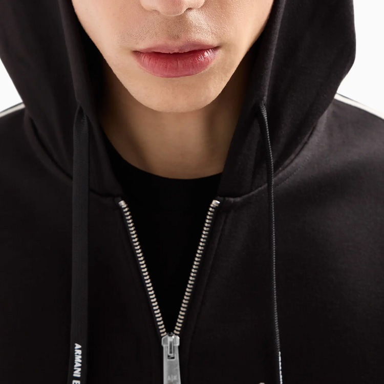 Details for ARMANI EXCHANGE Stripe Logo Hoodie Full-Zip Sweatshirt Black Men FW24. 8NZMSH-Z9N1Z-1200