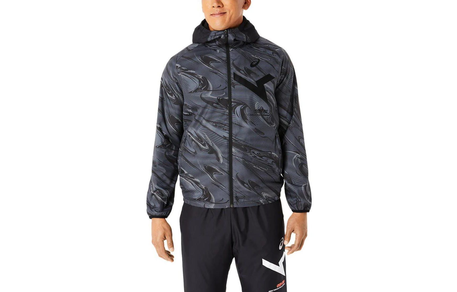 ASICS Aim Wind Breaker Graphic Hoodie Blue Full-Zip Jacket with Print 2031E270-001