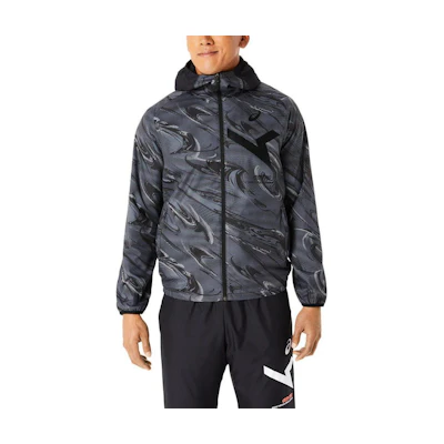 ASICS Aim Wind Breaker Graphic Hoodie Blue Full-Zip Jacket with Print 2031E270-001