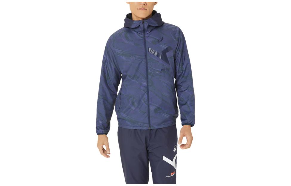 ASICS Aim Wind Breaker Graphic Hoodie Blue Loose Fit Zip Jacket 2031E270-400