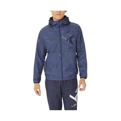 ASICS Aim Wind Breaker Graphic Hoodie Blue Loose Fit Zip Jacket 2031E270-400