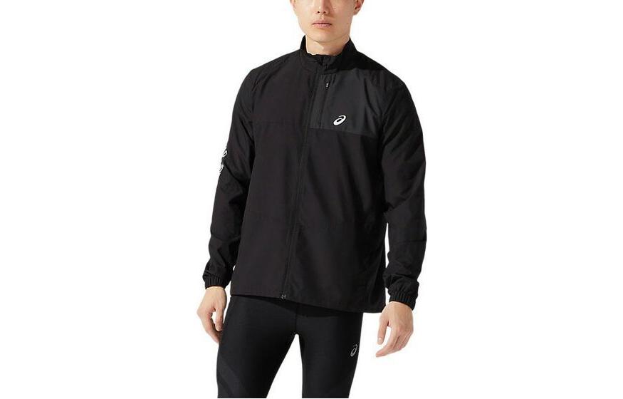 ASICS Black Zip-Up Jacket with Logo Print and Stand Collar 2011B873001