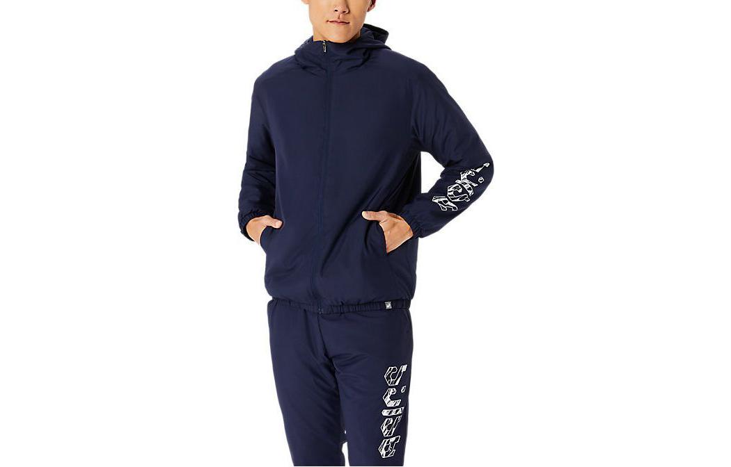 ASICS Navy Blue Geometric Letter Pattern Zip Hoodie Jacket 2031E238-402