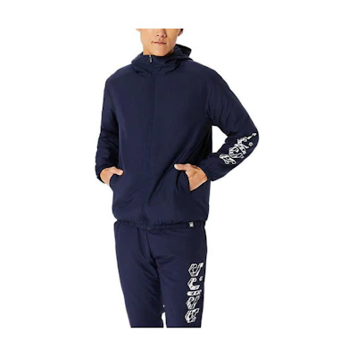 ASICS Navy Blue Geometric Letter Pattern Zip Hoodie Jacket 2031E238-402