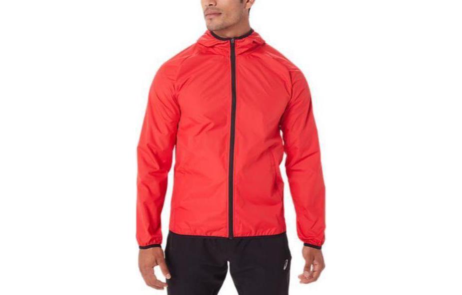 ASICS Packable Jacket Mens Red Full-Zip Hooded Lightweight Outerwear 2011B970-621