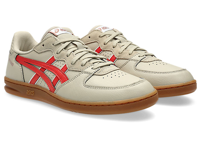 Lookbook ASICS Skyhand OG Sepatu Basket Retro. Abu-Abu Muda/Merah Snapper 1203A451-021