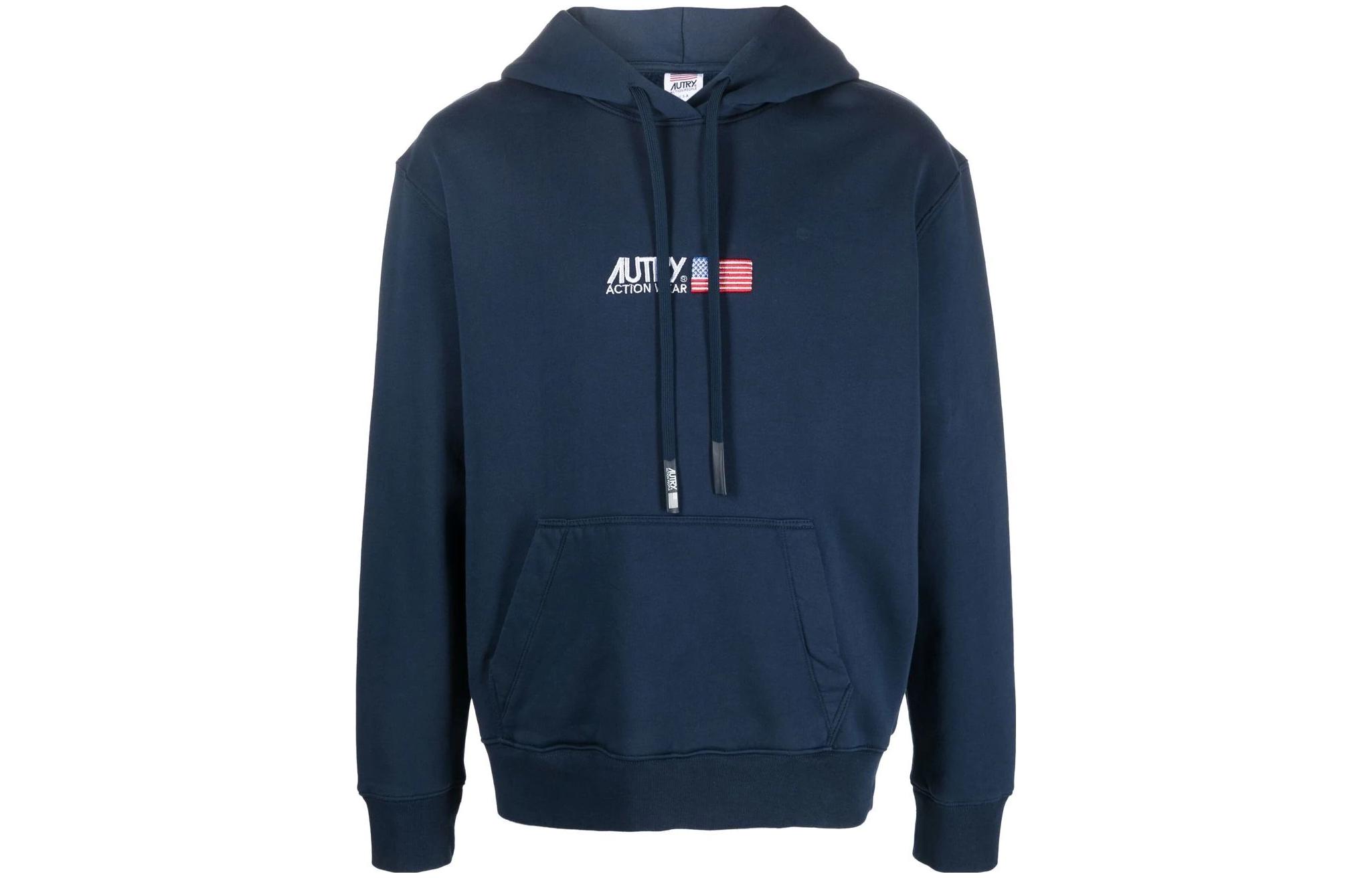 AUTRY Solid Logo Embroidered Drawstring Hoodie Blue HOIM1555