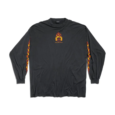 Balenciaga Black Crewneck Long Sleeve Flame Print T-Shirt Standard Fit. 796917TQVW61134