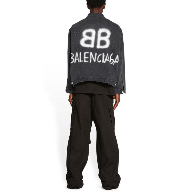 Shop Balenciaga  Black Graffiti Denim Jacket with Single Button Closure. 678354TIWA20114