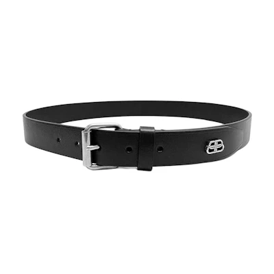 Balenciaga Black Leather Belt with Logo Buckle, Distressed, 3CM Width. 593924-1CH0B-1000