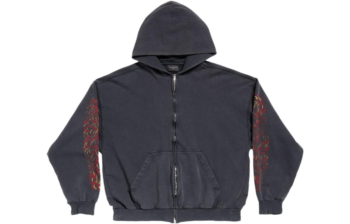 Balenciaga  Black Printed Zip-Up Hoodie with Long Sleeves. 770939TPVM91568