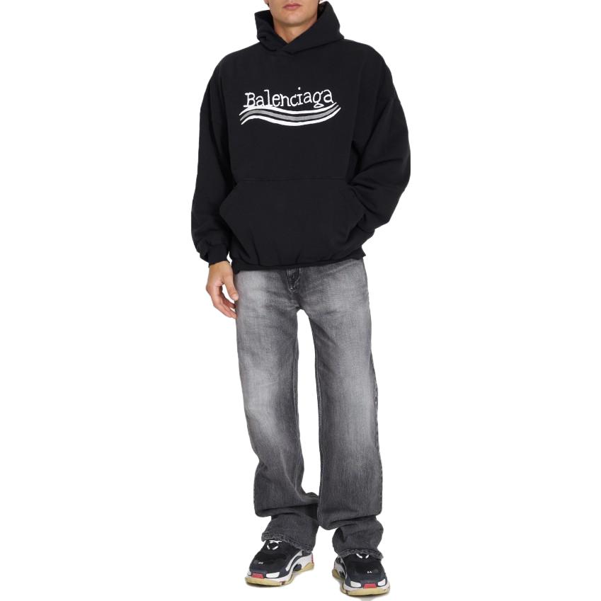 Shop Balenciaga  Black Pullover Sweatshirt with Colorblock Logo Print Design. 739024TNVE91197