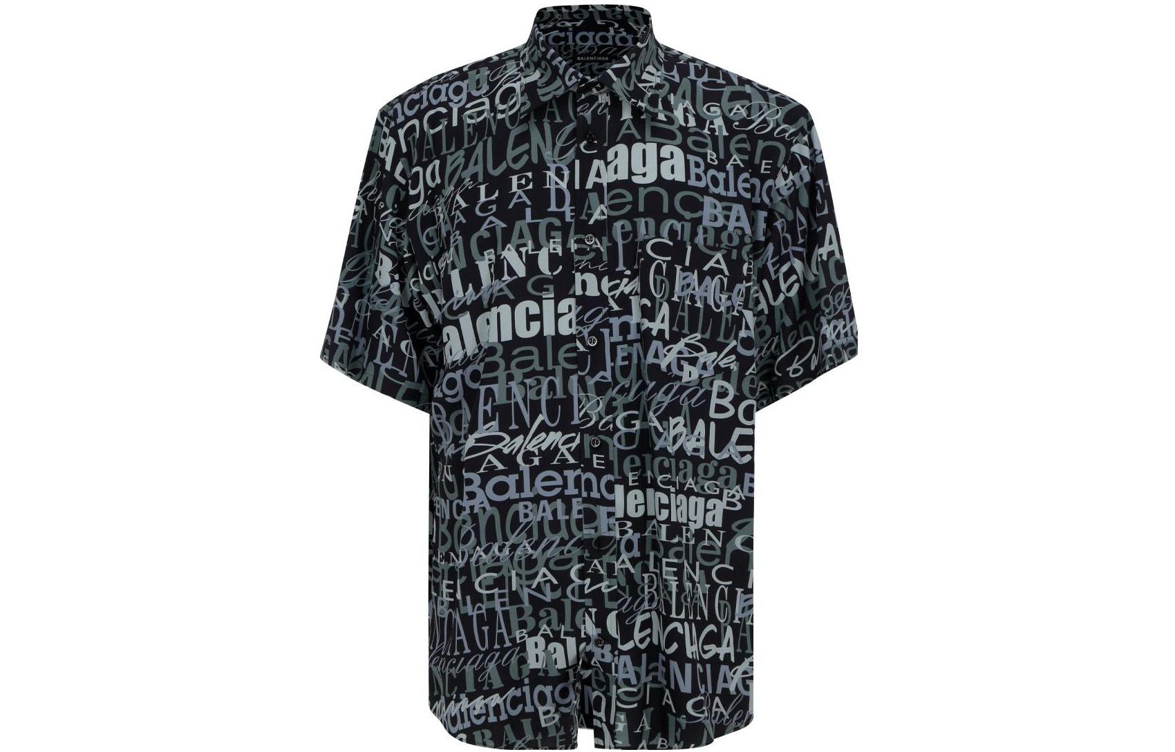 Balenciaga  Black Short-Sleeve Shirt with Letter Print Collar. 556854TELF21269