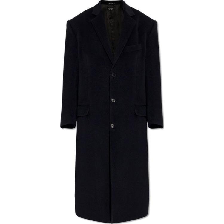 Balenciaga  Black Solid Long Coat with Lapel, Single Button & Long Sleeves. 772772TOU021000