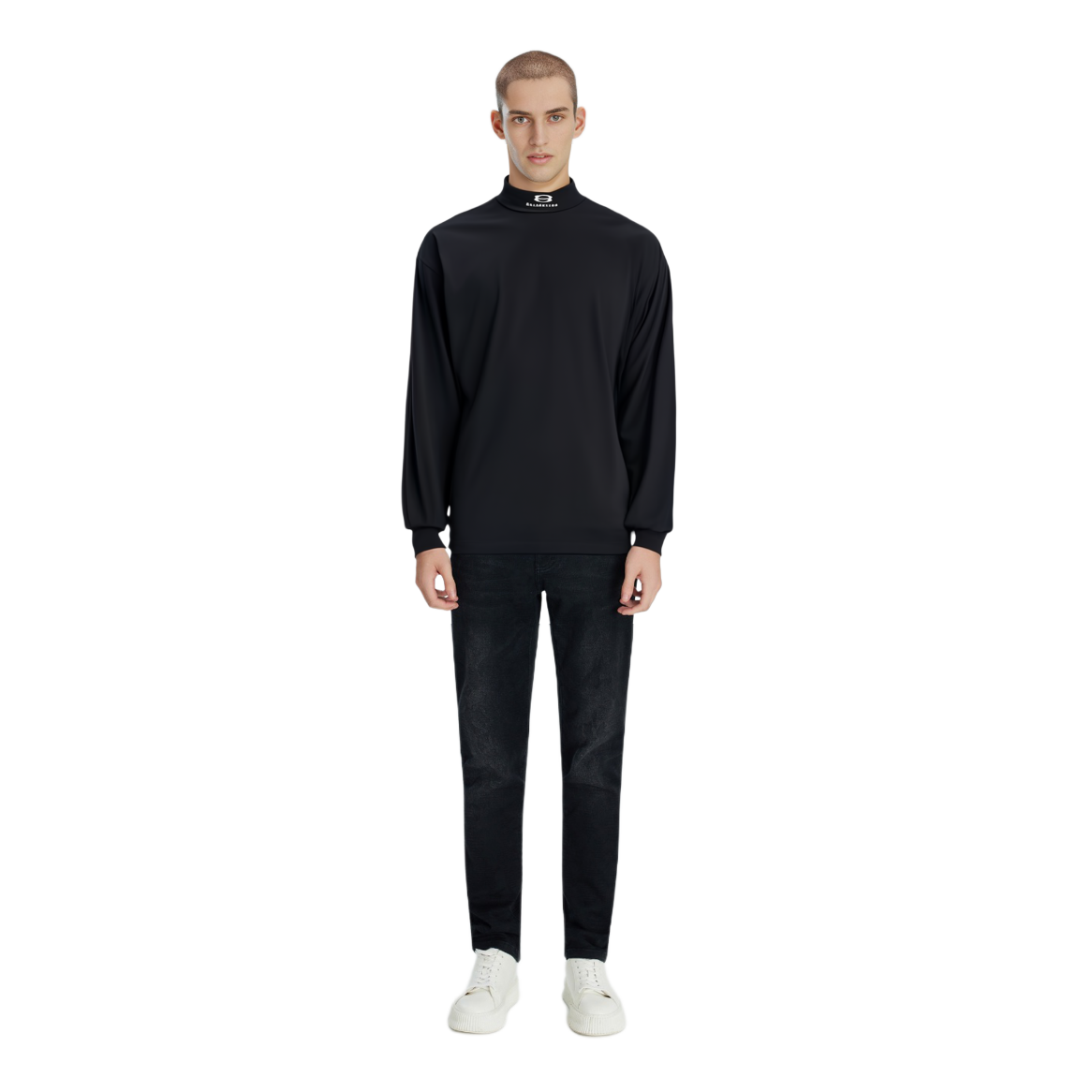 Shop Balenciaga  Black Turtleneck Logo Sweater Regular Fit Long Sleeve. 767849TPVG81070