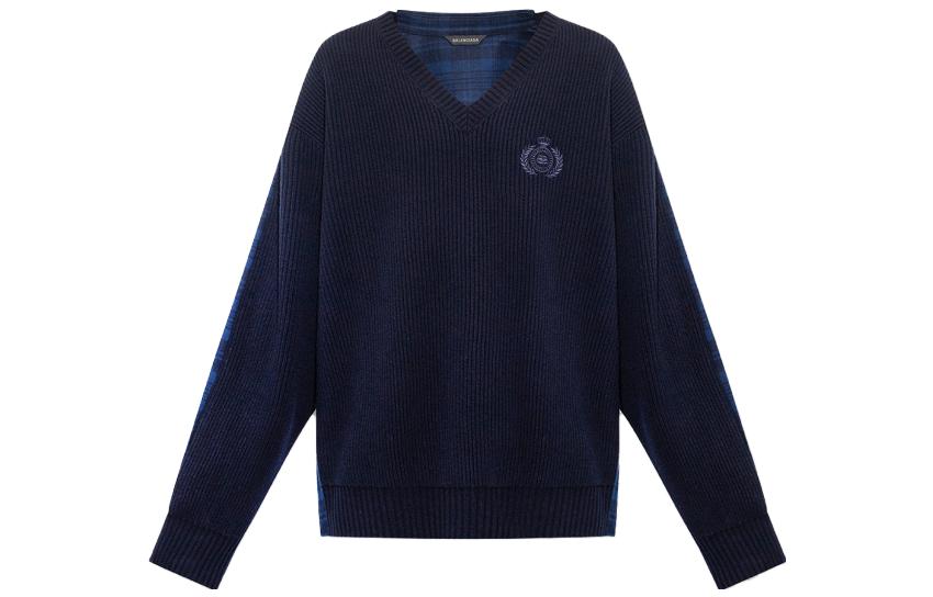 Balenciaga  Blue Checkered V-Neck Long Sleeve Knit Sweater. 704271T41308275