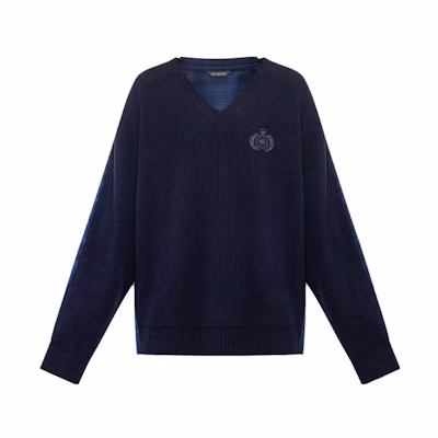 Balenciaga Blue Checkered V-Neck Long Sleeve Knit Sweater. 704271T41308275