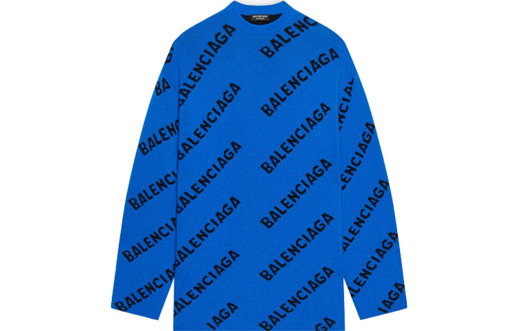 Balenciaga  Blue Wool Knit Sweater with Allover Logo - Regular Fit. 657400T15673964