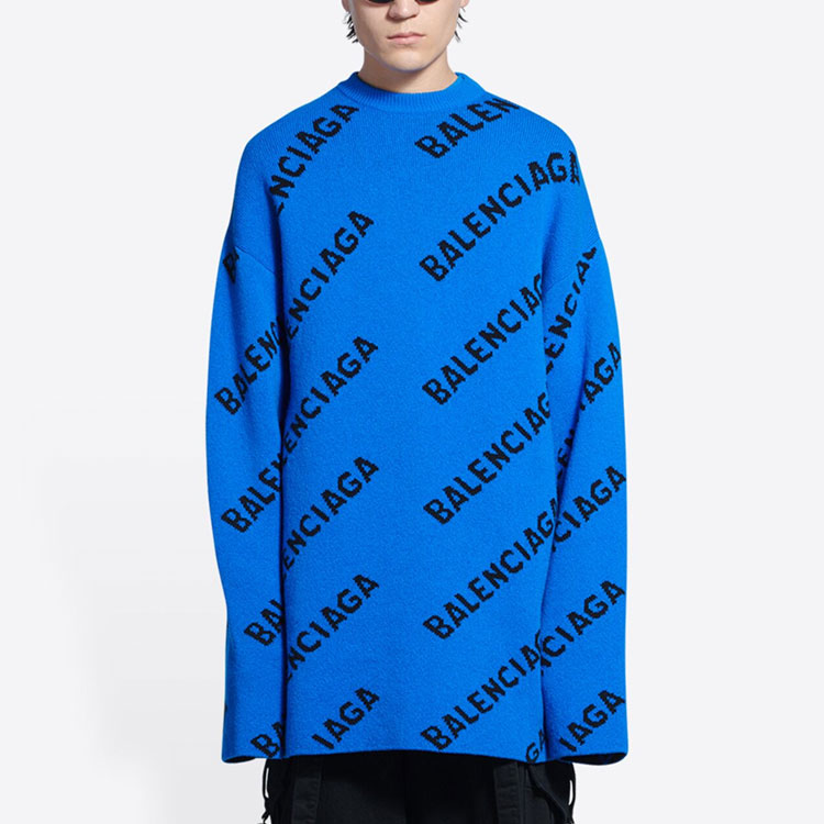Shop 발렌시아가 블루 울 니트 스웨터 올오버 로고 - 레귤러 핏. 657400T15673964