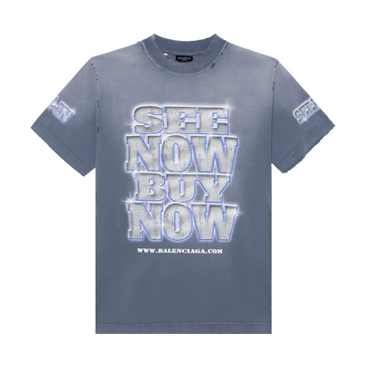 Balenciaga Distressed Letter Print Crewneck T-Shirt Blue Regular Fit. 790375TQVE84108