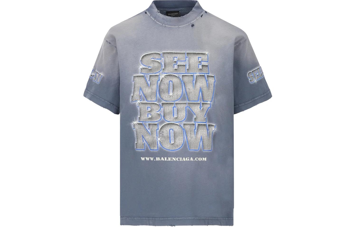 Order Balenciaga  Distressed Letter Print Crewneck T-Shirt Blue Regular Fit. 790375TQVE84108
