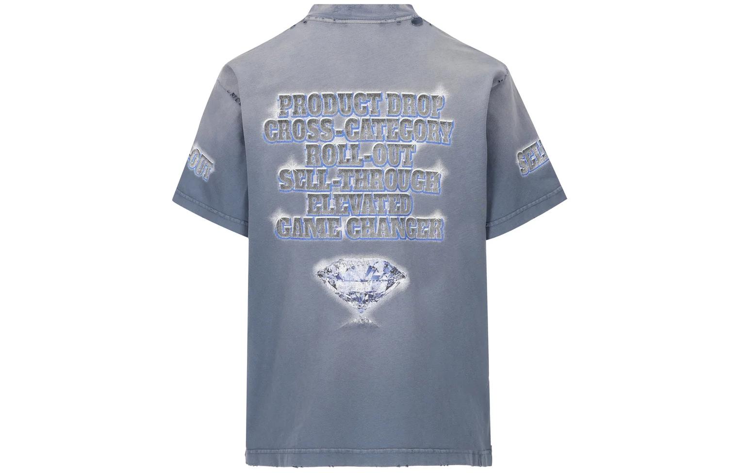 Lookbook Balenciaga  Distressed Letter Print Crewneck T-Shirt Blue Regular Fit. 790375TQVE84108