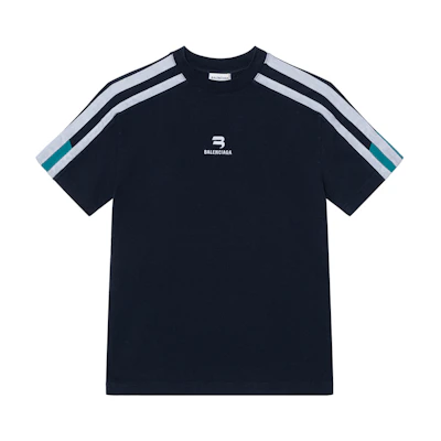 Balenciaga FW22 Navy Blue Logo Print Striped Slim-Fit Crewneck T-Shirt. 704070TMVG40470