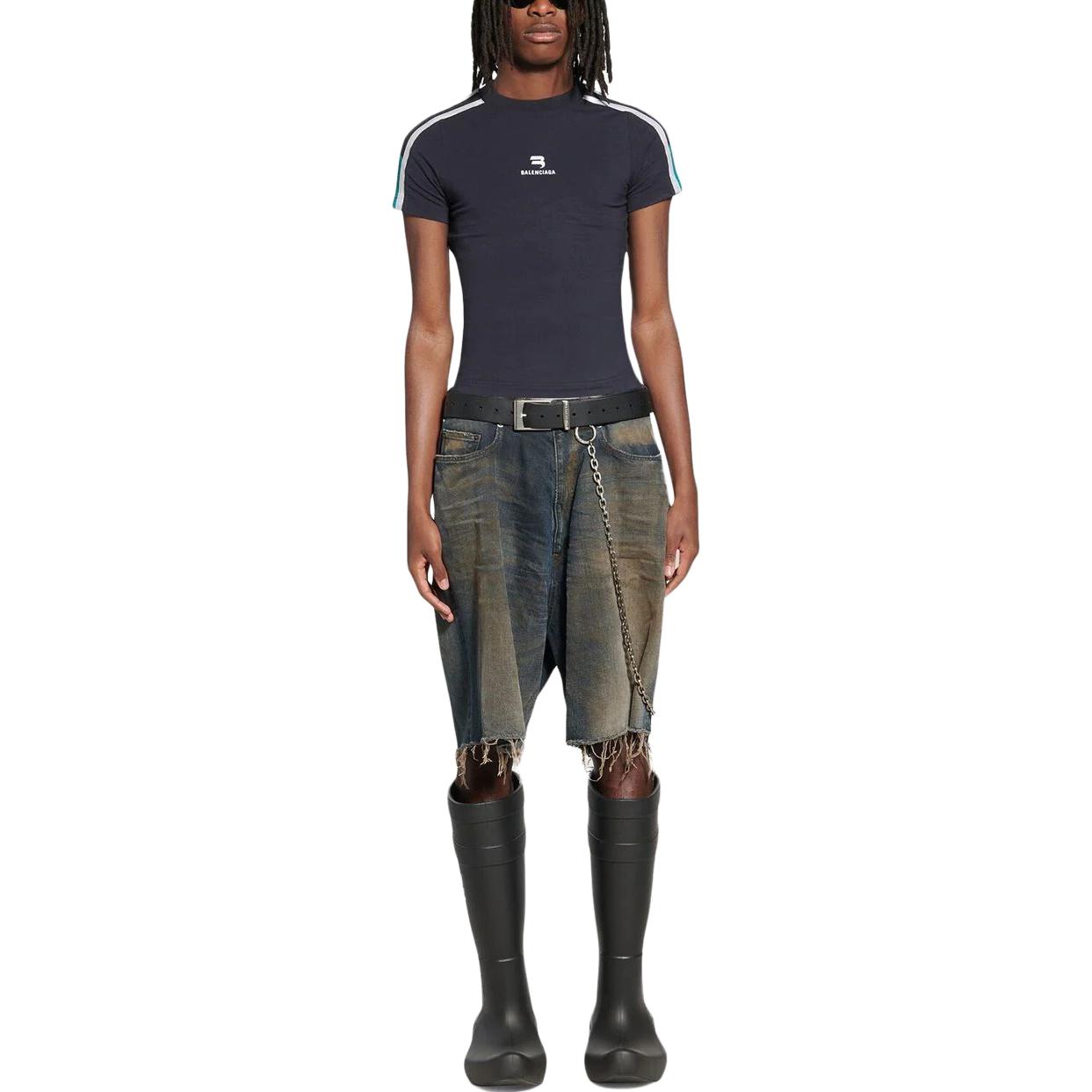 Shop Balenciaga FW22 Camiseta Azul Marino a Rayas Slim-Fit con Logo. 704070TMVG40470