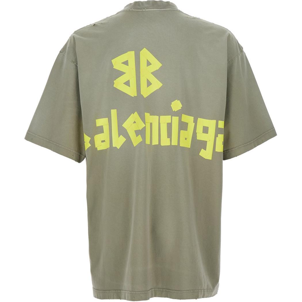 Lookbook 발렌시아가 그린 레터 로고 프린트 mock 목 짧은 소매 티셔츠 739784TOVA92942