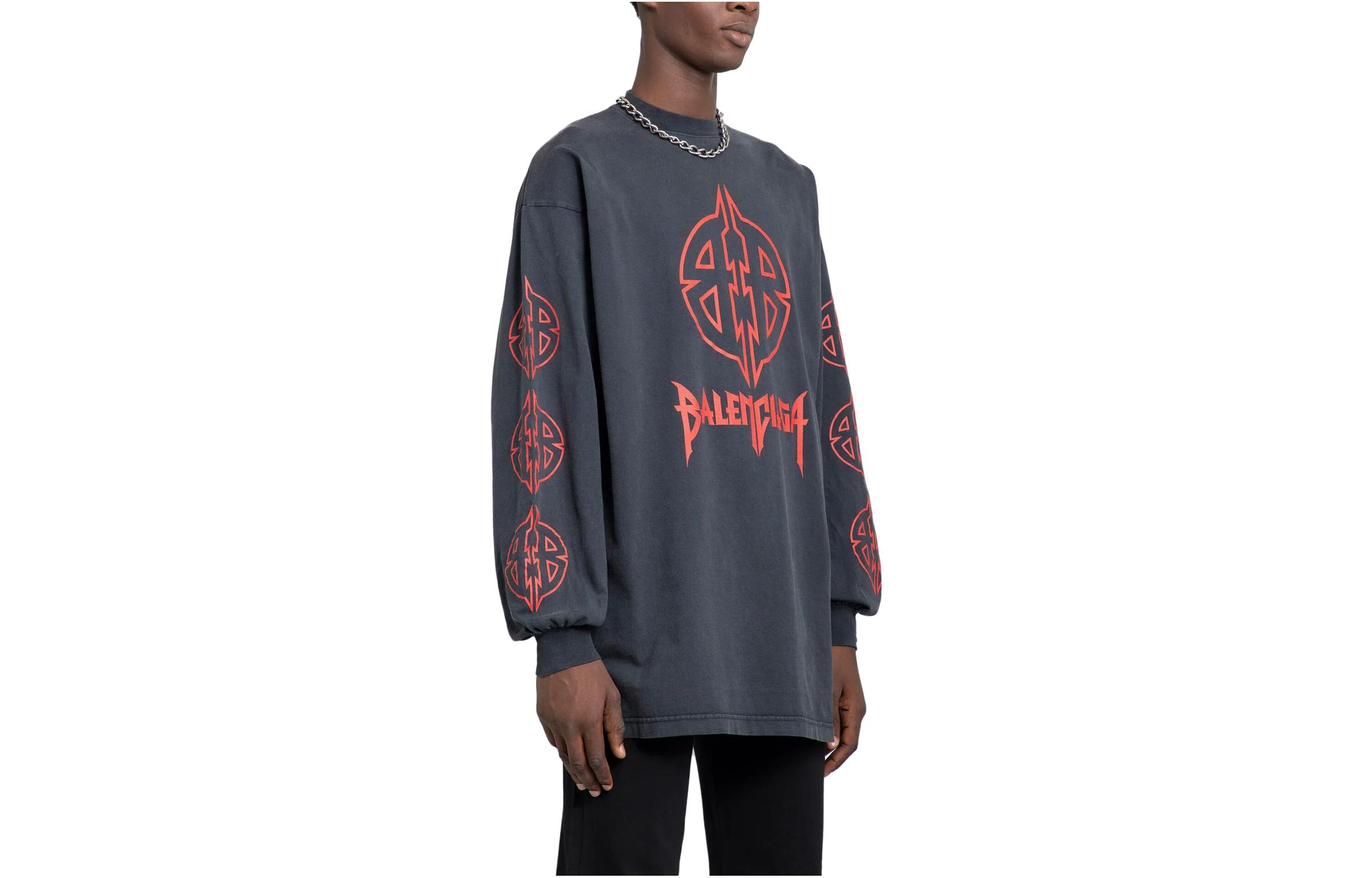 Shop Balenciaga  Grey Oversized Letter Print Crewneck Sweatshirt. 739027TPVI21568