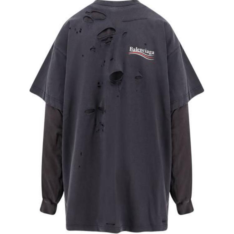 Balenciaga  Logo Distressed Layered Long Sleeve T-Shirt Black. 818555TRVK89756