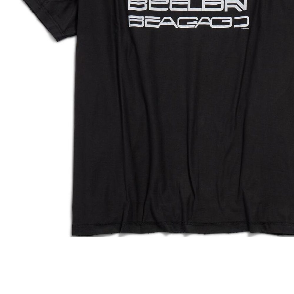 Sizing 발렌시아가 로고 프린트 블랙 오버사이즈 크루넥 티셔츠. 787358TQVG11569