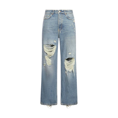 Balenciaga Mid-Waist Distressed Button Straight Jeans Blue. 745151THW254245