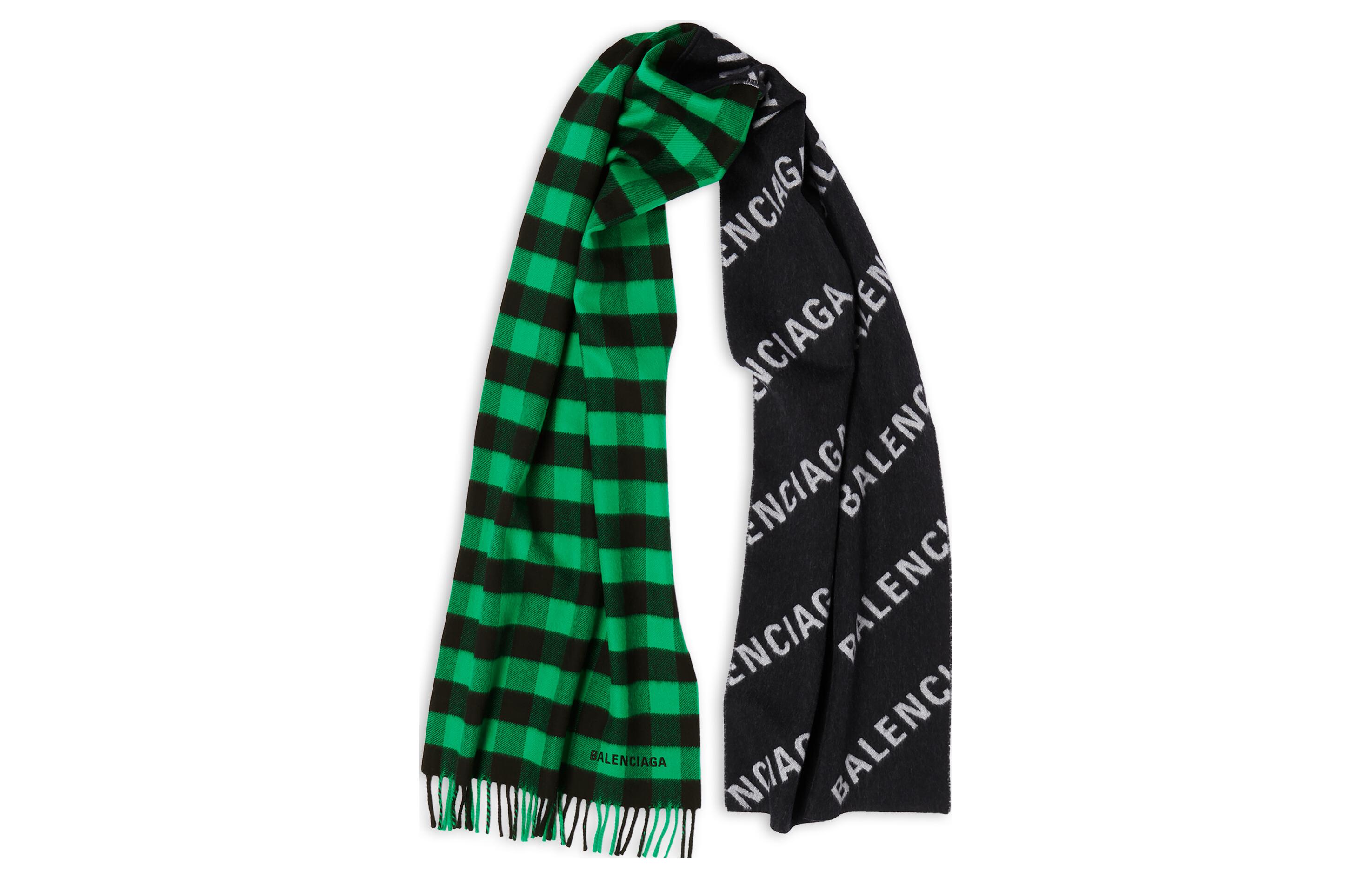 Balenciaga  Plaid Fringe Logo Print Knit Scarf. 697735421B01066