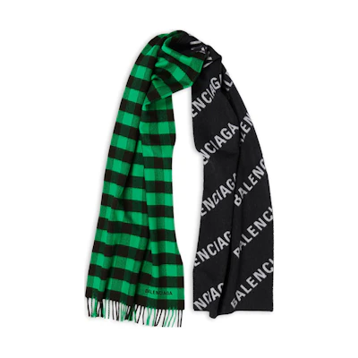 Balenciaga Plaid Fringe Logo Print Knit Scarf. 697735421B01066