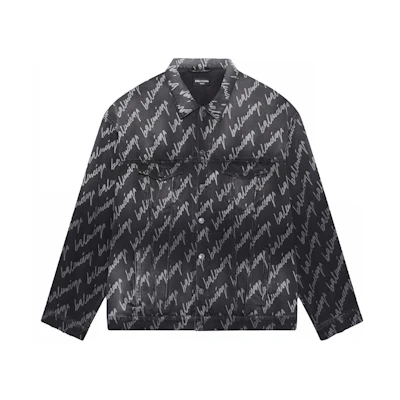 Balenciaga SS22 Allover Logo Printed Grey Denim Jacket. 681690TMW211052