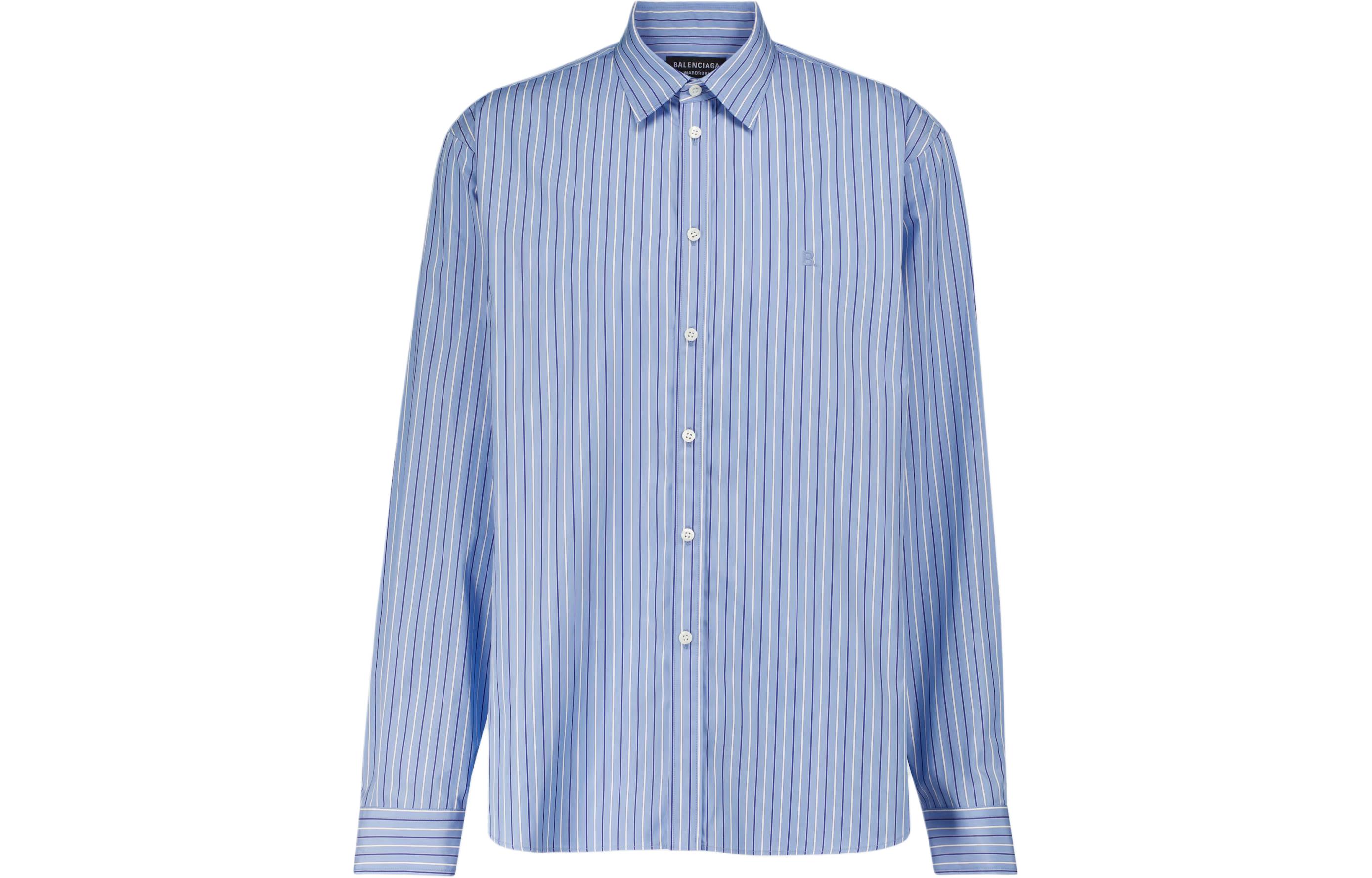 Balenciaga  Striped Logo Button-Up Long Sleeve Shirt Light Blue Relaxed Fit 642262TIMO14841